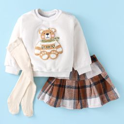 Little Kangaroos Fleece Knit Full Sleeves Winter Wear Sweatshirt &Checkered Skirt with Stockings & Bear Patch - Off White-picture-48