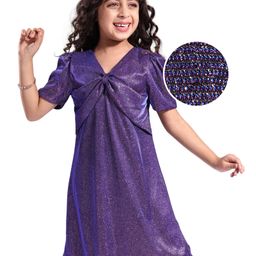 Hola Bonita Knit Half Sleeves A Line Glittered Party Frock - Navy Blue-picture-38