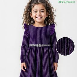 Babyoye Woven Full Peasant Sleeves Sequin & Frill Detailed Party Frock - Purple & Black-image-41