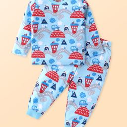 Babyhug Cotton Knit Full Sleeves Night Suit Set with Vehicle Print - Light Blue-image-80