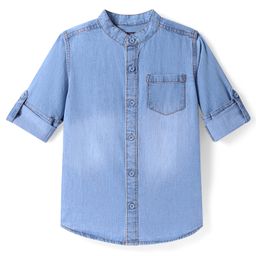 Pine Kids Woven Full Sleeves Mandarin Collar Washed Denim Shirt - Blue-image-102