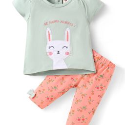 ToffyHouse Cotton Knit Half Sleeves Kitty Embroidered Top & Floral Printed Lounge Pant Set with Bow Applique - Light Green-image-94