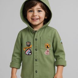 Babyhug Cotton Woven Full Sleeves Hooded Shirt with Text Patch - Olive Green-picture-18