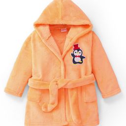 Babyhug Velour Knit Full Sleeves Hooded Bath Robe With Elastic At Waist & Penguin Patch - Light Orange-image-40