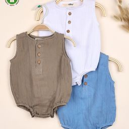 Mom's Home Organic Cotton Pack Of 3 Sleeveless Solid Onesies - Brown White & Blue-image-31