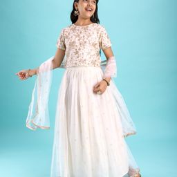 Pine Kids Woven Half Sleeves Floral Sequin Embroidered Choli Lehenga Set with Dupatta - White-image-50