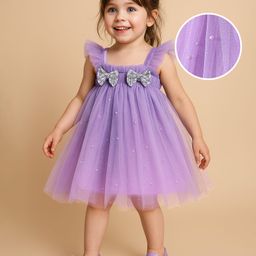 Babyhug Sleeveless Pearls & Bow Detailing A-Line Mesh Party Dress - Lilac-image-74
