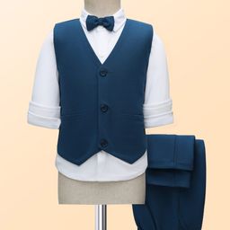 Babyhug Knit Full Sleeves 3 Piece Party Suit Set With Bow - Teal Blue & White-image-130