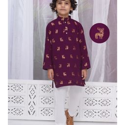 Little Bansi Cotton Full Sleeves Reindeer Foil Printed Kurta Pyjama Set - Purple-image-34
