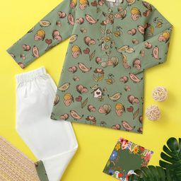 Desi Soota Cotton Full Sleeves Butterflies & Birds Printed Coordinating Kurta Pyjama Set - Olive Green-image-69