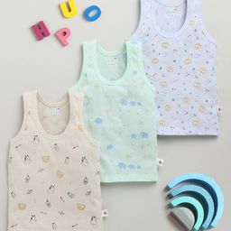BUMZEE Cotton Knit Sleeveless Vests With Animal Print Pack Of 3 - Beige Sea Green & Sky Blue-picture-29