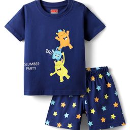 Babyhug Cotton Knit Half Sleeves Shorts Night Suit With Monsters Print - Navy Blue-image-56