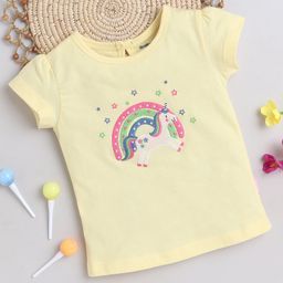 BABY NATION Cotton Half Sleeves Rainbow & Unicorn Embroidered Tee - Yellow-image-88