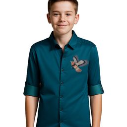 Charchit Cotton Blend Woven Full Sleeves Bird Embroidered Shirt - Turquoise Blue-image-38