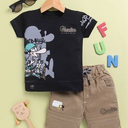 TOONYPORT Cotton Knit Half Sleeves Hunter Text Printed Tee & Shorts Set - Black-image-76