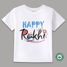 BLUSHES 100% Cotton Knit Raksha Bandhan Theme Half Sleeves Happy Rakhi Text Printed Tee - White-image-98