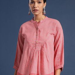 Taavi Checked Mandarin Collar Woven A-Line Top-picture-49