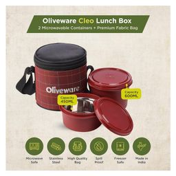 Oliveware Cleo Lunch Box, Microwave Safe & Leak Proof, 2 Inside Steel Containers with BPA Free Airtight Lids (450ml & 600ml), with Fabric Bag -red image 2