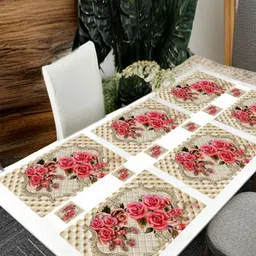 REVEXO 6Pc Beige & Pink Printed Rectangle Costers & Table Placemats-6