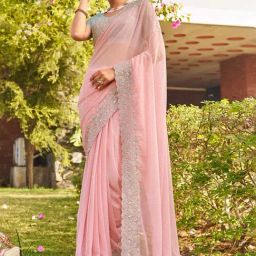 Satrani Pink Embroidered Saree With Unstitched Blouse-image-52