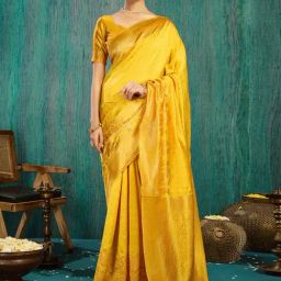 Satrani Yellow Silk Woven Saree With Unstitched Blouse-image-2