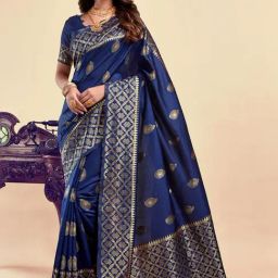 Satrani Navy Silk Woven Saree With Unstitched Blouse-image-31