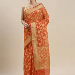 Geroo Jaipur Orange Kota Silk Floral Zari Saree With Blouse-picture-0