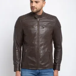Teakwood Leathers Brown Mandarin Collar Leather Jacket-picture-40