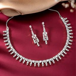 Peora Silver Plated Contemporary CZ Studded Drop Necklace & Earring-11
