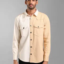 Kazo Off White & Dark Beige Regular Fit Denim Shirt-image-37