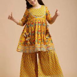 Jaipur Kurti Girls Mustard Cotton Floral Suit Sets-image-11