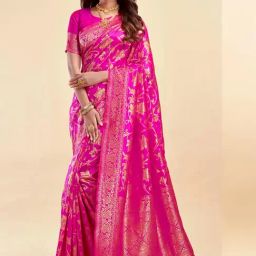 Satrani Pink Silk Woven Saree With Unstitched Blouse-image-64