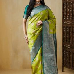 Satrani Green Silk Blend Woven Saree With Unstitched Blouse-picture-25