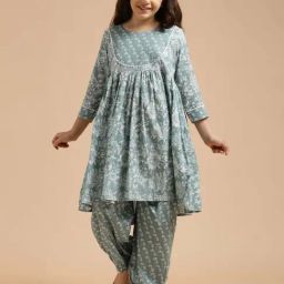 Jaipur Kurti Girls Teal Cotton Floral Suit Sets-image-20