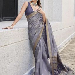 Satrani Grey Rayon Woven Saree With Unstitched Blouse-image-25