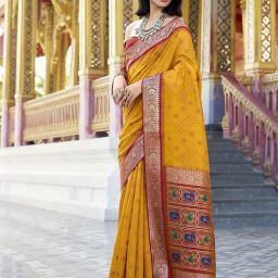 Satrani Yellow Silk Woven Saree With Unstitched Blouse-image-33