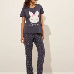 Wunderlove by Westside Charcoal Printed Cotton Pyjamas Set In A Bag-image-47