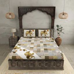 JaipurFabric Dark Green Pure Cotton 240 TC Patch Work Print Double Bedsheet with 2 Pillow Covers-image-1