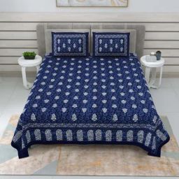 JaipurFabric Admire Blue Pure Cotton 210 TC Buta Dabu Double Bedsheet with 2 Pillow Covers-image-79