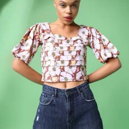 PURVAJA Brown Floral Print Crop Top-image-90