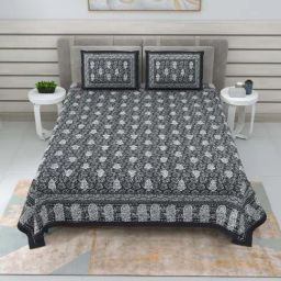 JaipurFabric Ink Pure Cotton 210 TC Conic Dabu Double Bedsheet with 2 Pillow Covers-image-16