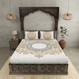 JaipurFabric Grey & Gold Pure Cotton 280 TC Cosmic Kolam Double Bedsheet with 2 Pillow Covers-image-77