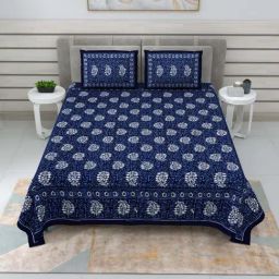 JaipurFabric Berry Blue Pure Cotton 210 TC Conic Dabu Double Bedsheet with 2 Pillow Covers-image-87