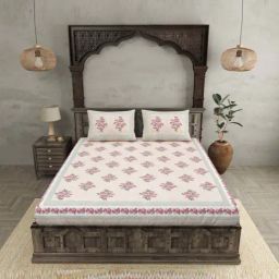 JaipurFabric Rose Pink Pure Cotton 210 TC Bouquet Beveled Double Bedsheet with 2 Pillow Covers-18