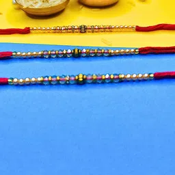 ORANGENYSHA Set Of 3 American Diamonds Studded & Beaded Meenakari Thread Rakhis-8