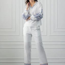 SHAYE White & Blue Cotton Embroidered Co-Ord Set-image-86
