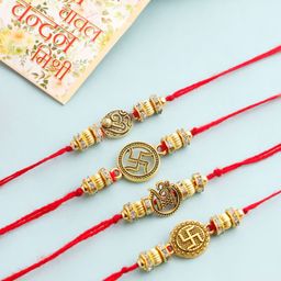 Anouk Set of 4 Artificial Stones Swastik Design Thread Rakhis with Roli Chawal Chandan-32