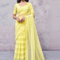 Satrani Yellow Striped Saree With Unstitched Blouse-image-45