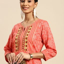 Sangria Women Peach-Coloured Ethnic Printed Mirror Work Pure Cotton Kurta with Trousers-picture-13