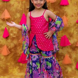 KID1 Girls Floral Embroidered Regular Mirror Work Kurti with Sharara & With Dupatta-picture-4